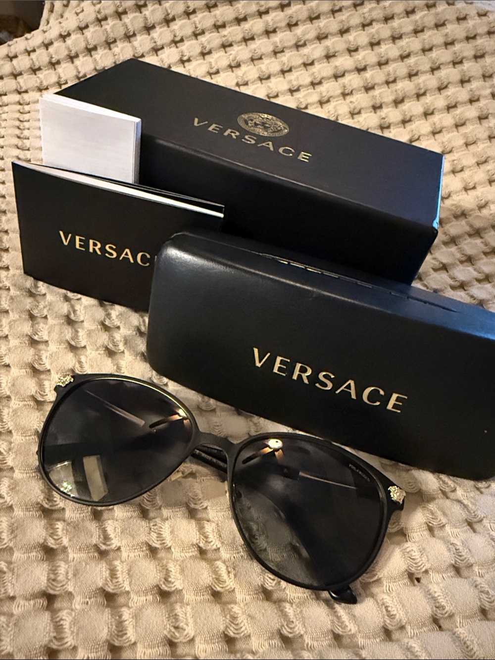 Versace Women's Black Sunglasses with Gold Logo Accents VE2168